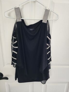 MSK Black Rhinestone-Strap Cold Shoulder Evening Tank